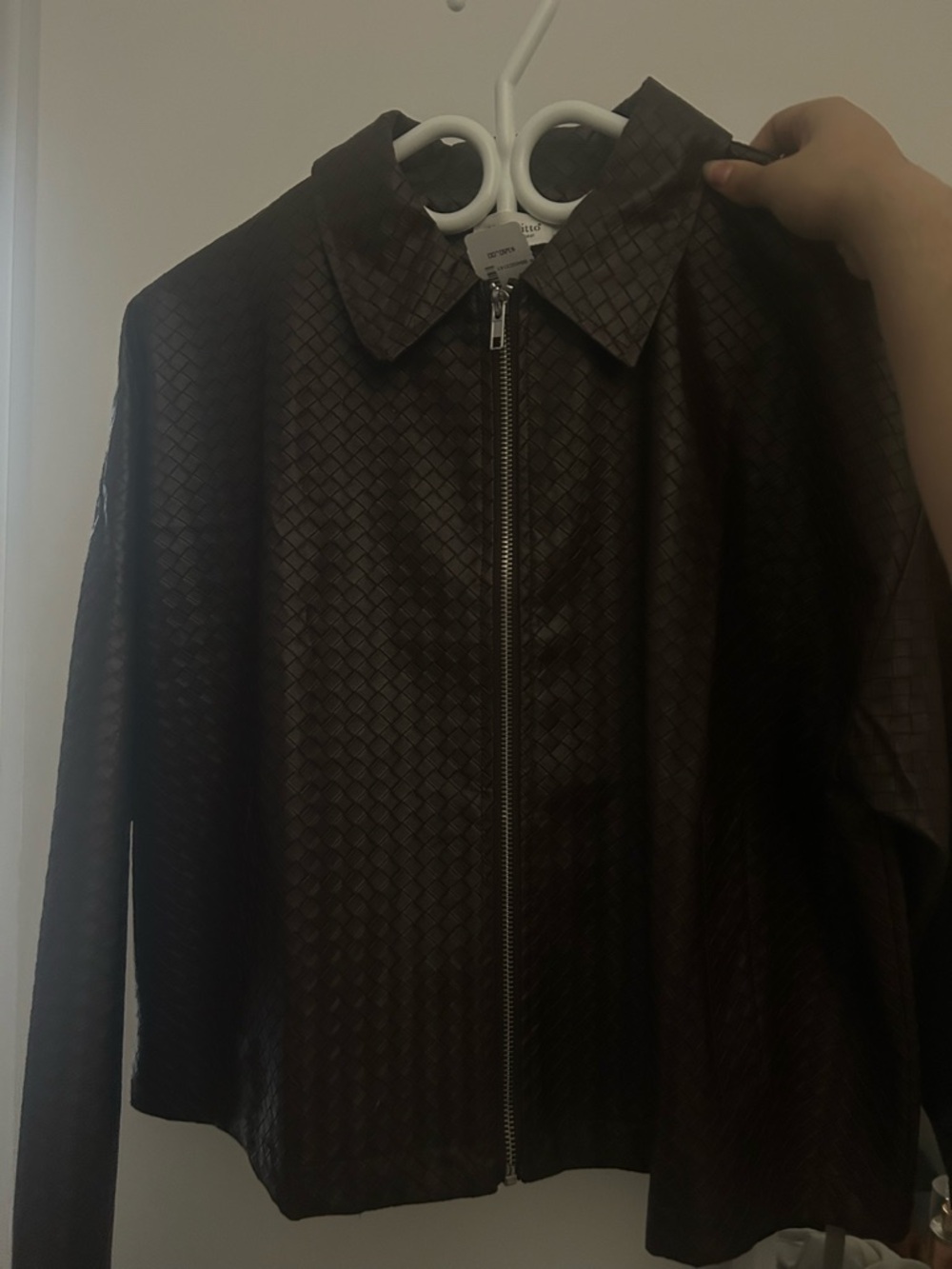 Brand new Woven-Texture Brown Leather Zip Jacket - Women's